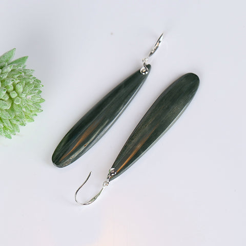 New design Green Wood Fossil Drilled Teardrop Earrings , 925 Sterling Silver Eindings, 56x12x4mm, 11.0g - MyGemGarden