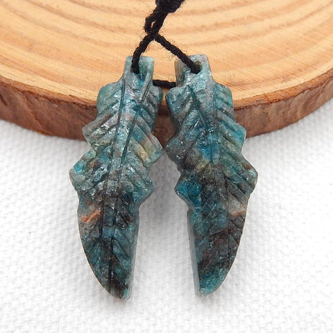 Carved Blue Apatite Crystal Leaf Earrings Stone Pair, 31x11x5mm, 5.7g