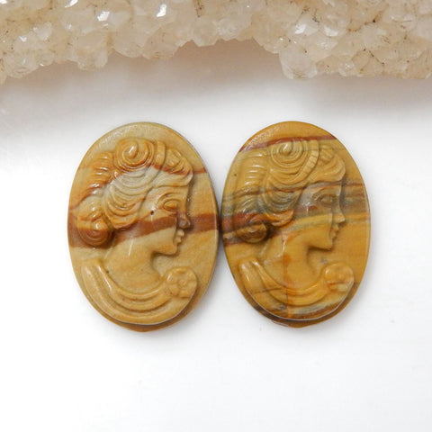 Carved Multicolor Picasso Jasper Woman Gemstone Cabochon Pair, 18x23x4mm, 3.2g - MyGemGarden