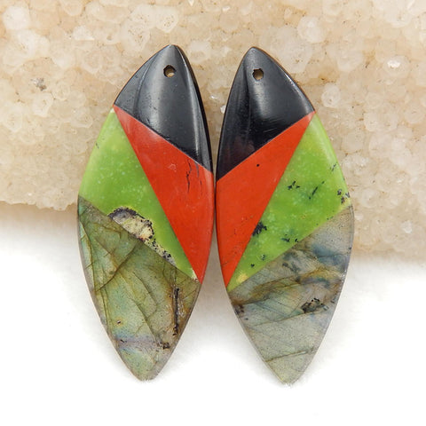 Labradorite, Red River Jasper, Obsidian, Serpentine Glued Earrings Stone Pair, 40x16x5mm, 8.9g