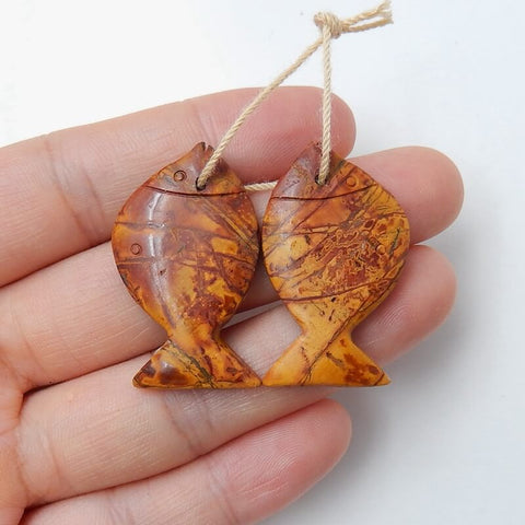 Hot sale Multi-Color Picasso jasper Carved fish Earrings Pair, stone for Earrings making, 33x20x4mm, 7.9g - MyGemGarden