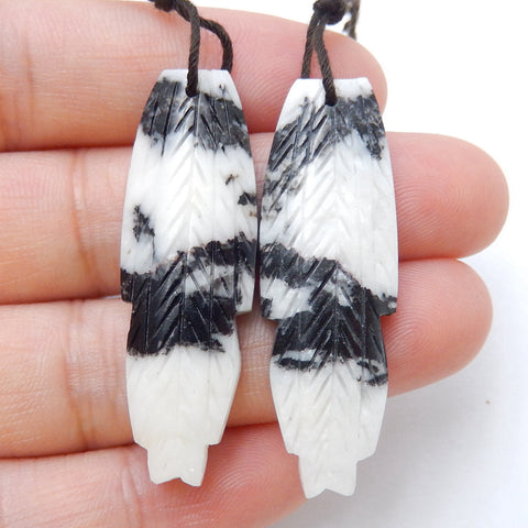 New!! Hand Carved White Zebra Jasper Feather Earrings,Natural Stone, 40x13x4mm,7.5g - MyGemGarden