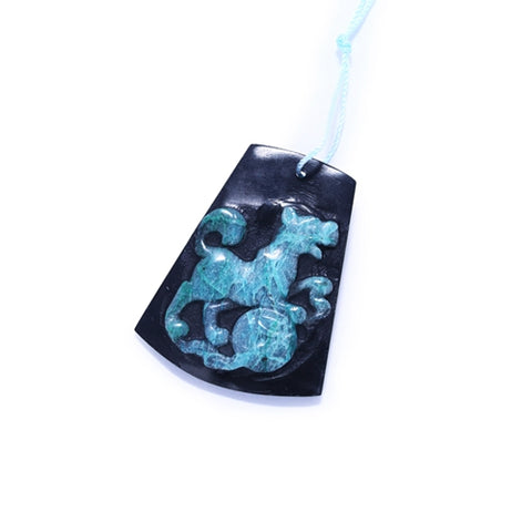 Beautiful Carved dog Obsidian Chrysocolla Jewelry Pendant, 40x32x5mm, 10g - MyGemGarden