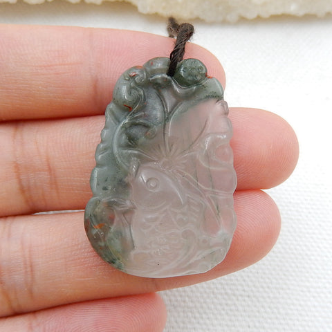 African Blood Stone Carved Fish Pendant Bead, 34x23x5mm, 6.5g - MyGemGarden