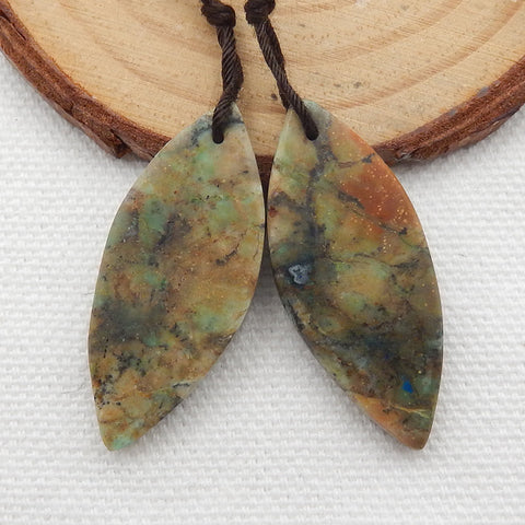 Green Opal Carved Leaf Earrings Stone Pair, 34x14x4mm, 6.6g