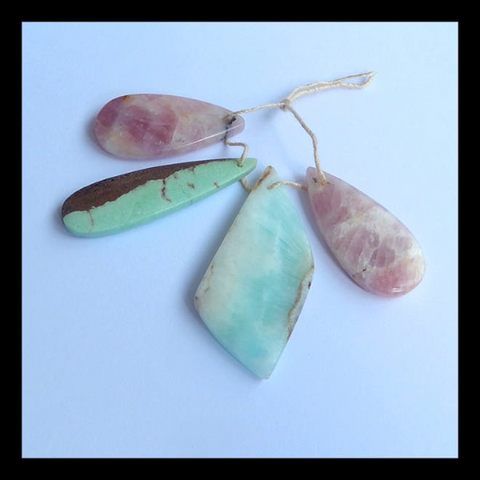 4 Pcs Pendant Bead Set, Pink Tourmaline, Chrysoprase, Hemimorphite Gemstone, 40x19x4mm, 30x15x5mm, 14.5g - MyGemGarden