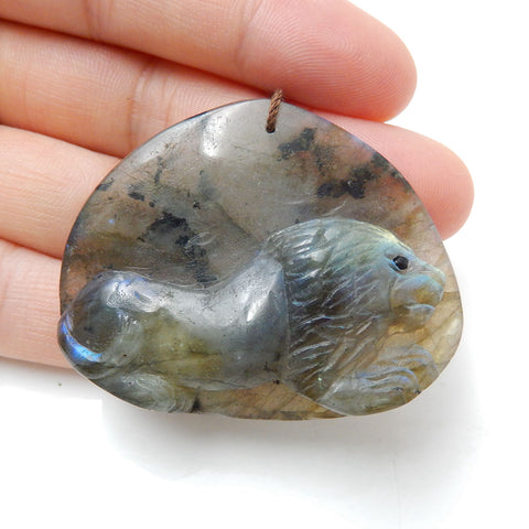 Handmade Carved Lion Labradorite Gemstone Pendant, 47x37x10mm, 21g - MyGemGarden