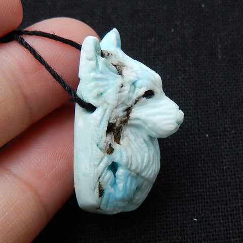 Unique larimar Handmade carved wolf head pendant bead, 34x21x17mm, 11.6g - MyGemGarden