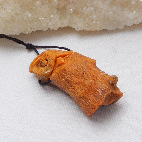 New, Carved Orange Fossil Coral Owl Pendant Bead, 44x19x15mm, 16.5g - MyGemGarden