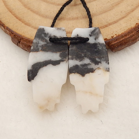 White Zabra Jasper Carved Feather Shaped Earrings Stone Pair, 25x12x3mm, 3.1g