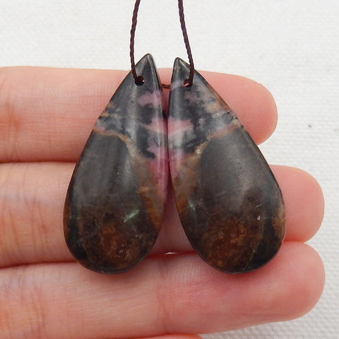 Rhodonite Gemstone Teardrop Earrings Stone Pair, 33x15x4mm, 8.0g