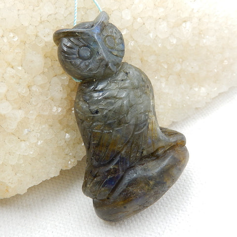 Carved Labradorite Owl Pendant Bead, 53x32x12mm, 29g - MyGemGarden