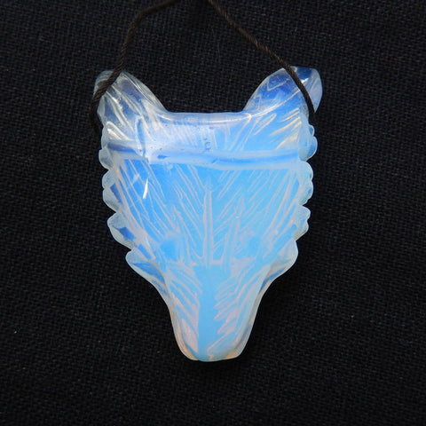 Handmade Opalite Carved Wolf Head Pendant Bead, 46x35x13mm, 22.1g - MyGemGarden