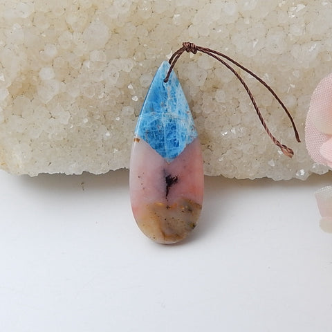 Natural Pink Opal And Blue Apatite Crystal Pendant Bead, 41x17x4mm, 4.5g - MyGemGarden