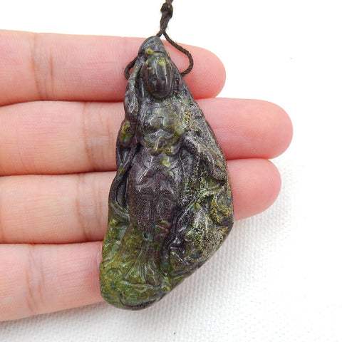 Dragons Blood Jasper Carved Guanyin Pendant Bead, 56x26x7mm, 16.9g - MyGemGarden