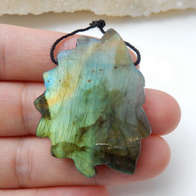 High Quality Shining Labradorite Hand-Carved Indian head Pendant, 38x30x6mm, 12.1g - MyGemGarden