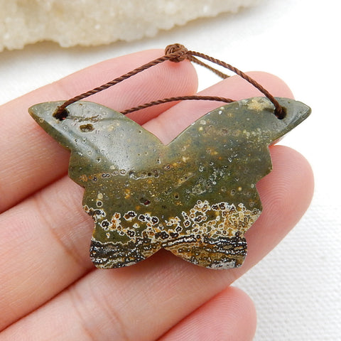 Handmade Ocean Jasper Butterfly Pendant, Animal Carving, 42x25x6mm, 9.1g - MyGemGarden