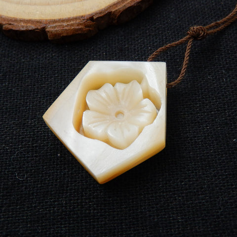 New Design!  Carved M.O.P Gemstone Flower Pendant Bead, 26x23x7mm, 6g - MyGemGarden