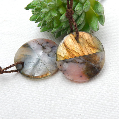 Pink Opal And Labradorite Glued Round Gemstone Earrings Stone Pair, 20x4mm, 5g - MyGemGarden