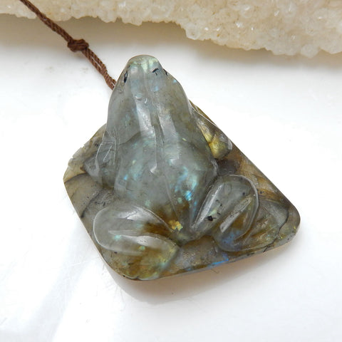 Handmade Labradorite Frog Pendant, Animal Carving, 35x29x17mm, 21.3g - MyGemGarden