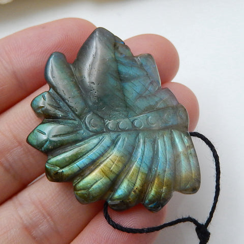 High Quality Shining Labradorite Hand-Carved Indian head Pendant, 38x30x6mm, 12.1g - MyGemGarden