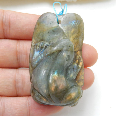 Handmade Labradorite Frog Pendant, Animal Carving, 49x28x16mm, 26.3g - MyGemGarden