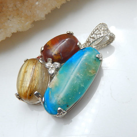 Sterling Silver 925 With Blue opal, Wood Fossil, Gold Rutilated Quartz Intarsia Gemstone Pendant, Gorgeous Pendant, 30x24x10mm, 10.8g - MyGemGarden