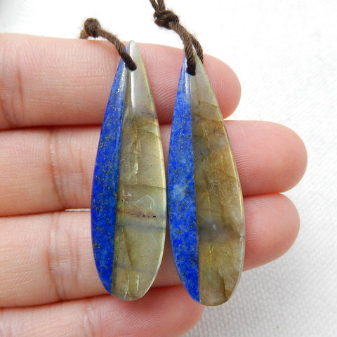 Nautual Labradorite Lapis Lazuli Glued Earrings Pair, 42x12x4mm, 7.7g - MyGemGarden