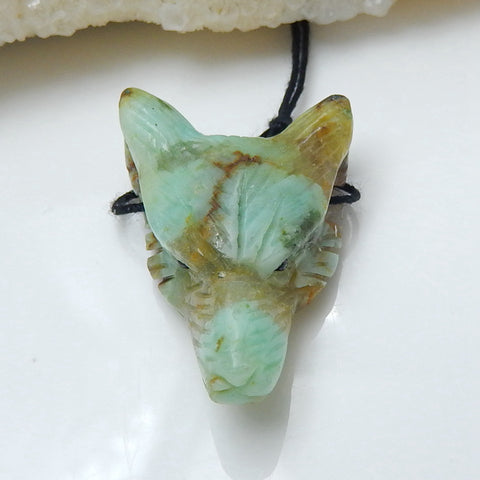 Handmade Carved Chrysocolla Gemstone Wolf Head Pendant Bead, 32x21x11mm, 7.4g - MyGemGarden