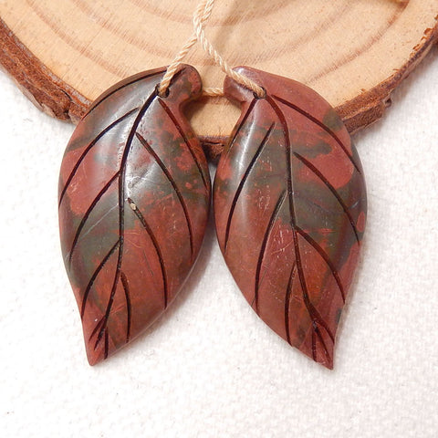 Multicolor Picasso Jasper Carved Leaf Earrings Stone Pair, 35x17x4mm, 7g - MyGemGarden