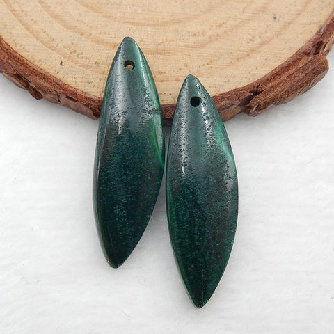 Carved Green Malachite Shuttle Shape Earrings Stone Pair, 32x10x4mm, 5.3g