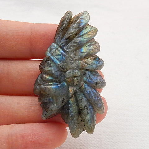 Vintage Hand Carved Labradorite Gemstone Indian Head Pendant, 48x27x7mm, 11.9g - MyGemGarden