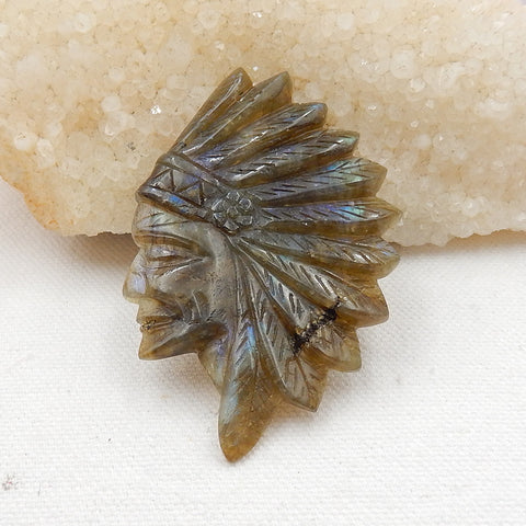 Vintage Hand Carved Labradorite Gemstone Indian Head Pendant , 68x45x5mm, 20.1g - MyGemGarden