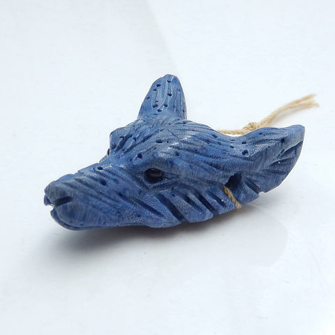 Handmade blue coral Carved Wolf Head Pendant Bead, 38x27x12mm, 10.5g - MyGemGarden