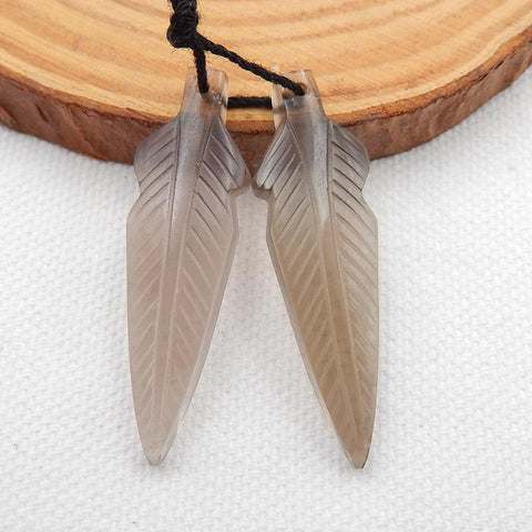 Carved Smoky Quartz Leaf Earrings Stone Pair, 39x12x4mm, 5.4g