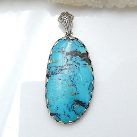 New Natural Sterling Silver 925 Turquoise Hand Inlaid Gemstone Jewelry Pendant, 42x18x5mm, 6.34g - MyGemGarden