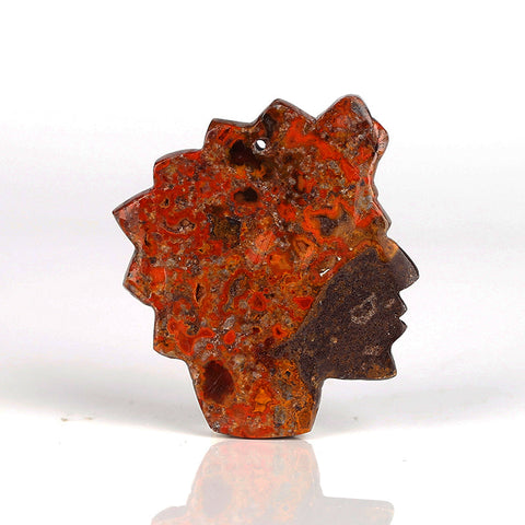 Handmade Warring States Red Agate Carved Indian Head Gemstone Pendant Bead, 49x43x9mm, 24.1g - MyGemGarden