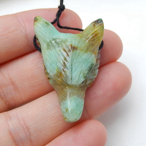 Handmade Carved Chrysocolla Gemstone Wolf Head Pendant Bead, 32x21x11mm, 7.4g - MyGemGarden