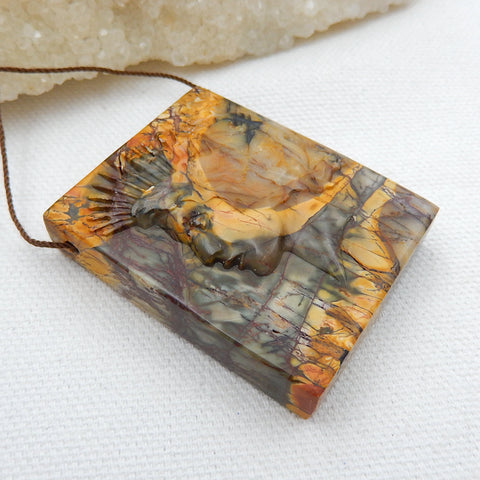 New, Carved Gemstone Multi-Color Picasso jasper Pendant , 46x36x13mm, 45.6g - MyGemGarden