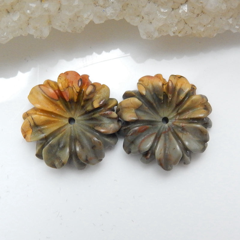 Hot sale Multi-Color Picasso jasper Carved Flower Earrings Pair, stone for Earrings making, 16x5mm, 2.7g - MyGemGarden