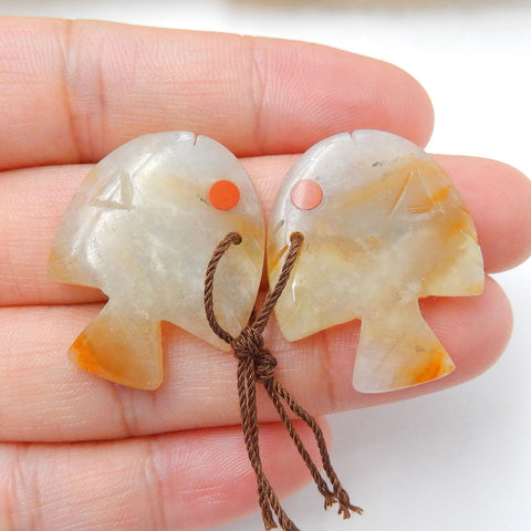 Carved Amazonite Gemstone Fish Earrings Pair, Red River Jasper Eye, 28x22x4mm, 7.2g - MyGemGarden