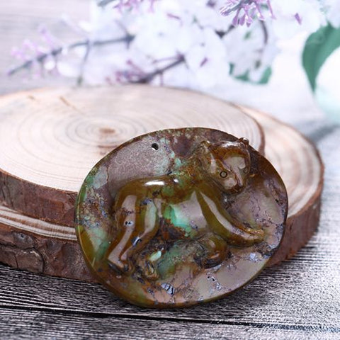 Natural Green Tree Turquoise Carved Leopard Pendant Bead, 52x42x9mm, 24.1g - MyGemGarden