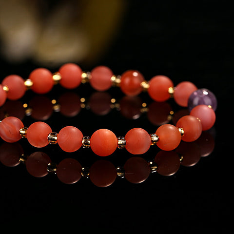 Natural 7mm Frosted straw berry quartz and amber leaf beaded Elastic bracelet, 10.8g - MyGemGarden