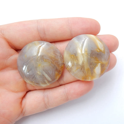 Natural Bamboo Agate Round Gemstone Cabochon pair, 31x7mm, 19.3g - MyGemGarden