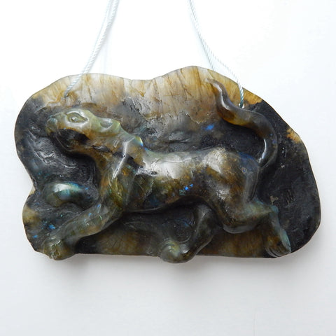 Shimmer Labradorite Detailly Hand-Carved leopard Gemstone Pendant, 85x55x10mm, 63.8g - MyGemGarden