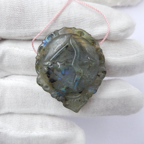 Carving Labradorite Gemstone Natural Pendant Bead, 37x31x10mm, 14g - MyGemGarden