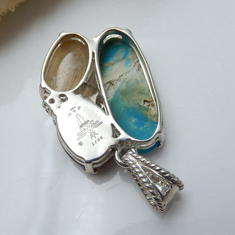 Sterling Silver 925 With Blue opal, Wood Fossil, Gold Rutilated Quartz Intarsia Gemstone Pendant, Gorgeous Pendant, 30x24x10mm, 10.8g - MyGemGarden