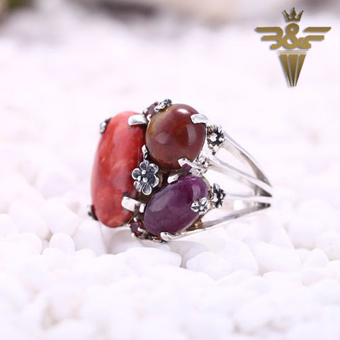 Well Designed!!Four Claws Mosaic Sterling Silver 925 With Ruby And Zoisite Wood Stone Coral Stone Intarsia Ring 12.8g - MyGemGarden