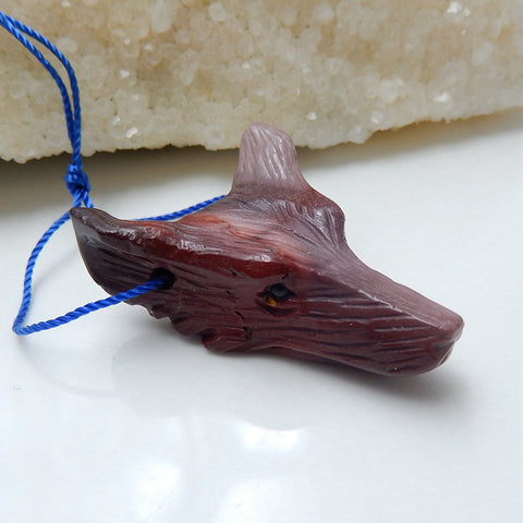 Handmade Mookaite Jasper Carved Wolf Head Pendant Bead, 40x29x13mm, 15.5g - MyGemGarden