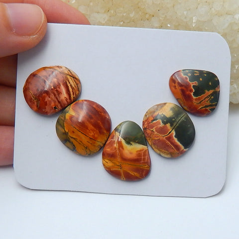 5 pcs Natural Multi-Color Picasso jasper Gemstone Cabochons, 18x15x3mm, 16x14x4mm, 8.1g - MyGemGarden